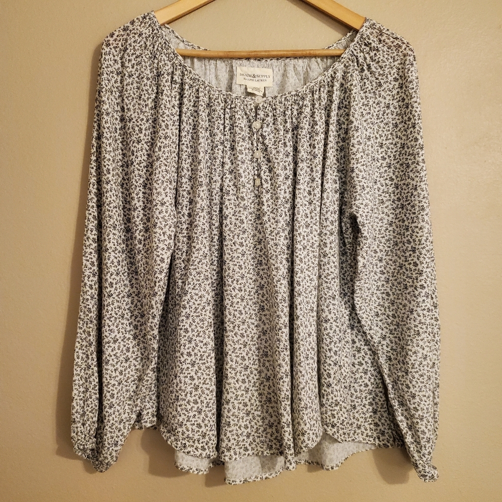 DENIM & SUPPLY | Ralph‎ Lauren Cream Brown Ditzy Flower Printed Peasent Blouse M